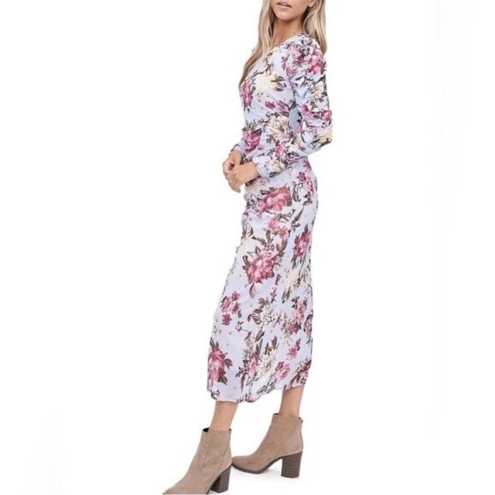 En Saison (M) Ruched Ruffle Midi Floral Dress Romantic Modest Wedding Guest